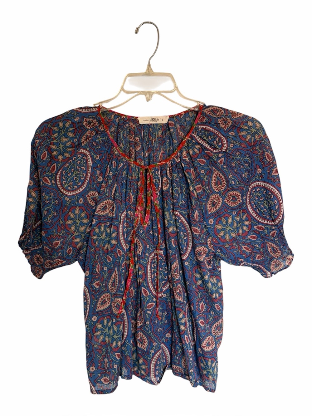 Natural Life April Peasant Blouse Tie Front Boho Paisley Top Large